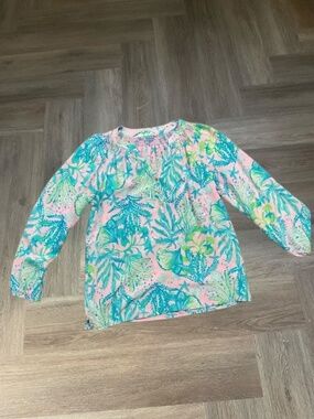 Lilly‎ Pulitzer Elsa Silk Top Mandevilla Baby Hip Nautic Womens Medium Pink Blue